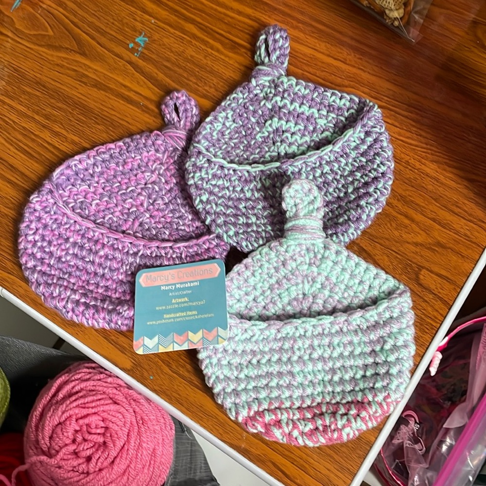 Crocheted baskets, Purple and Turquoise . Handmade by me. You get all 3.